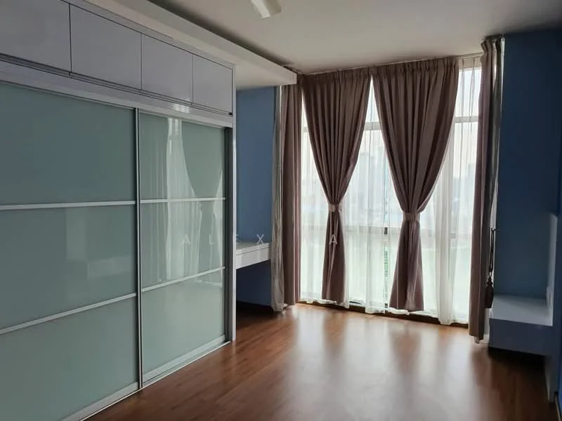 Room features: light blue painted walls, wood laminate flooring, floor-to-ceiling windows, sheer curtains, built-in wardrobe with sliding doors, window seat, natural light, decorative wall panel; style: modern; view: city.