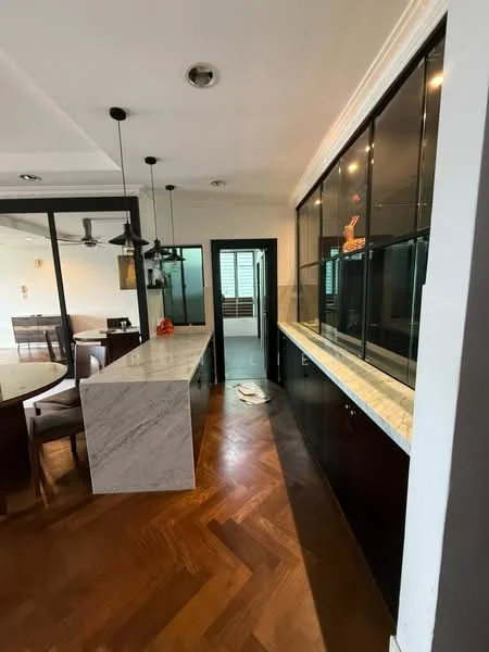 Kitchen features: marble countertop, dark wood cabinetry, herringbone patterned wooden flooring, glass-front upper cabinets, recessed downlights, pendant lighting, open shelving, kitchen island, stainless-steel appliances, sliding glass door, ceiling fan; style: modern.