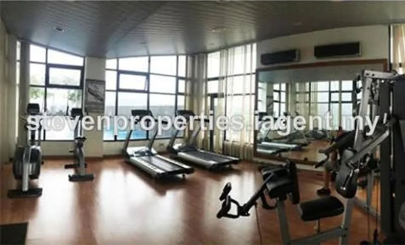Room features: large windows, wood laminate flooring, treadmill, stationary bike, weight machine, mirrored wall, ceiling-mounted air conditioning units, curtains, exercise mat; style: modern; view: city.