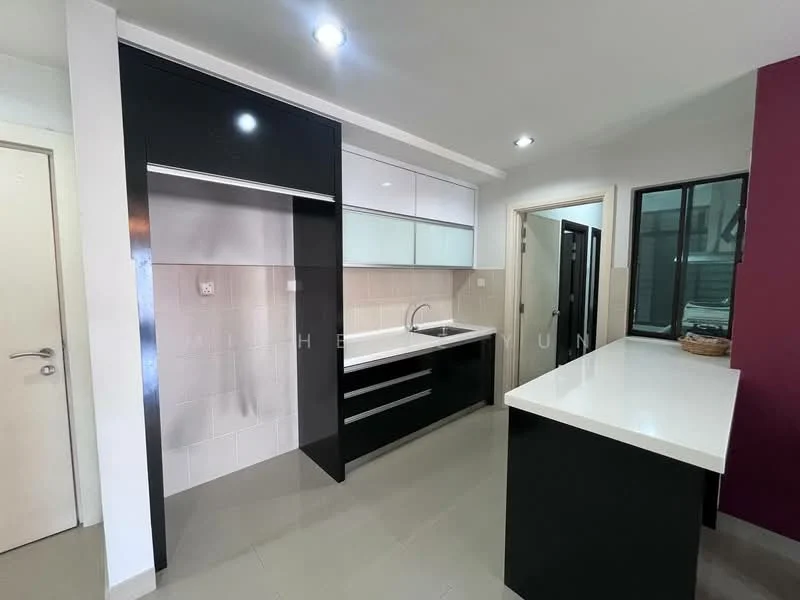 Kitchen features: black cabinetry, white upper cabinets, white countertop, single-bowl stainless-steel sink, chrome pull-down faucet, tile backsplash, built-in oven, open shelving, recessed downlights, grey tile flooring, wall-mounted cabinets, kitchen island; style: modern.