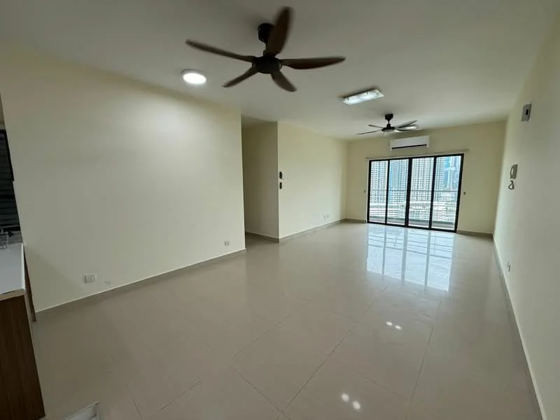 Living features: cream painted walls, glossy ceramic tile flooring, 2 ceiling fans, floor-to-ceiling windows, sliding glass door, air conditioning unit, recessed downlights, neutral decor; style: modern; view: city.