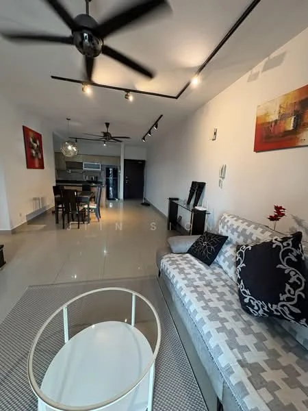 Living features: 3-seater fabric sofa in grey, decorative pillows, coffee table with white top, area rug with geometric pattern, wall-mounted TV, TV console, ceiling fan with light, recessed downlights, artwork on walls, open-plan layout to dining area, glossy tile flooring, neutral wall color; style: modern. Dining features: 4-seater dining table, black dining chairs, kitchen visible in background, open layout to living area; style: modern.