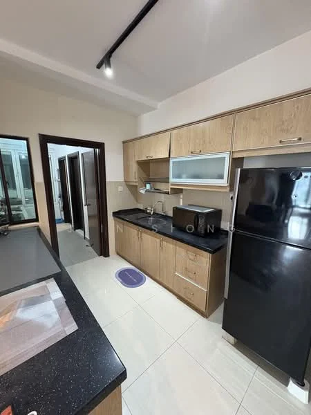 Kitchen features: black granite countertop, wood cabinetry, stainless-steel sink, chrome pull-down faucet, built-in microwave, black refrigerator, ceramic tile flooring, recessed downlights, open shelving, kitchen island, wall-mounted cabinets, glass backsplash; style: modern.
