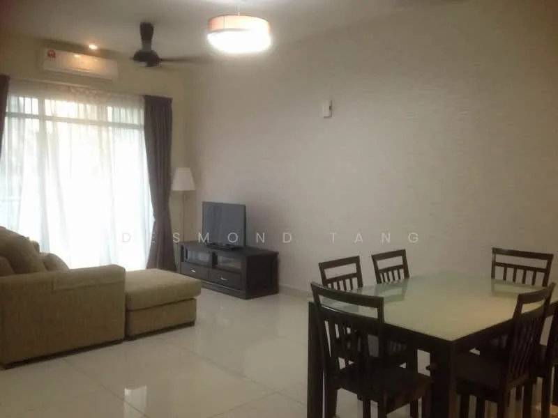 Living features: 3-seater fabric sofa in beige, coffee table, TV console, wall-mounted TV, floor-to-ceiling windows with sheer curtains, white painted walls, recessed downlights, ceiling fan, dining table with 4 chairs, laminate flooring; style: modern.