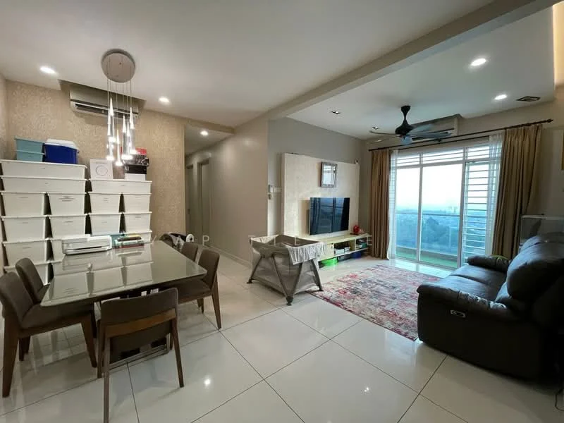 Living features: floor-to-ceiling windows, sliding glass door, 3-seater leather sofa, coffee table, TV console, wall-mounted TV, area rug with geometric pattern, ceiling fan, recessed LED downlights; style: modern; view: city. Dining features: 6-seater dining table, upholstered dining chairs, glass tabletop, decorative wall paneling, pendant lamp; style: modern.