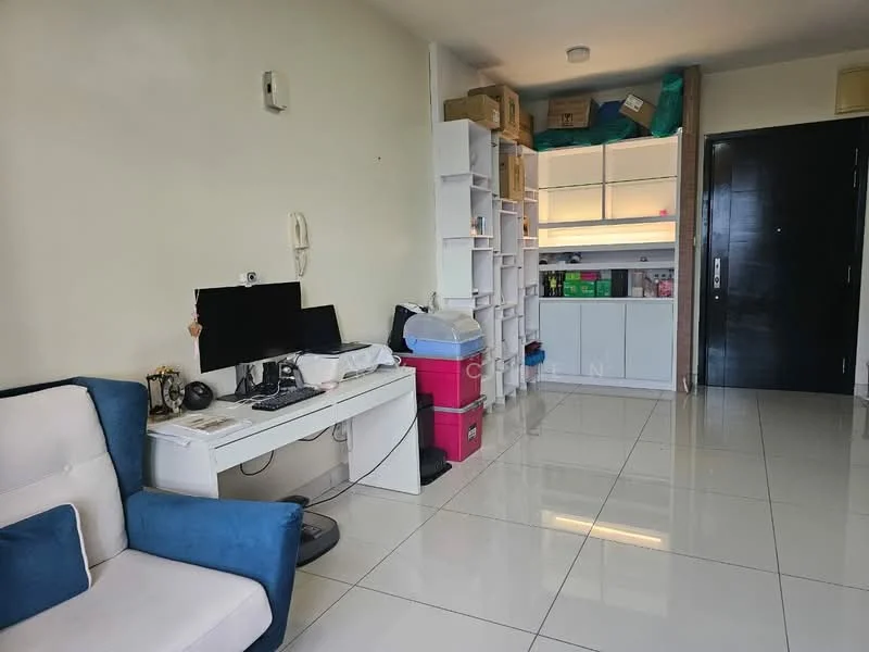 Room features: white painted walls, glossy white tile flooring, built-in shelving unit, desk with computer monitor, black office chair, pink storage box, green storage boxes, door to hallway, overhead lighting; style: modern.