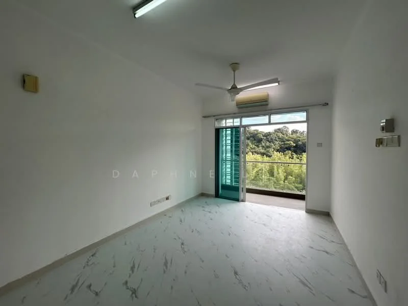 Room features: white painted walls, marble tile flooring, 5-blade ceiling fan, sliding glass door, floor-to-ceiling windows, curtains, air conditioning unit, balcony view of greenery; style: modern; view: garden.