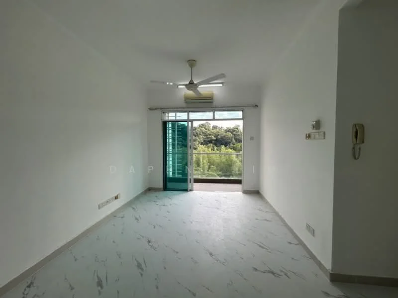 Living features: white painted walls, marble tile flooring, 5-blade ceiling fan with light, floor-to-ceiling sliding glass door, greenery view through sliding door, window with sheer curtains, light switch, telephone intercom; style: modern; view: garden.