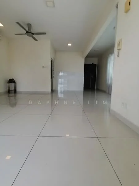 Room features: white painted walls, polished ceramic tile flooring, ceiling with recessed downlights, 5-blade ceiling fan, large windows with sheer curtains, open space layout; style: modern.