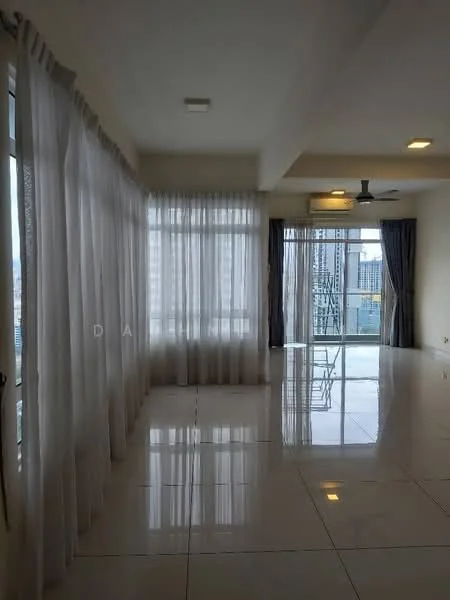 Living features: large floor-to-ceiling windows, white sheer curtains, grey blackout curtains, polished ceramic tile flooring, recessed ceiling lights, 5-blade ceiling fan, neutral wall color, open layout, city view; style: modern; view: city.