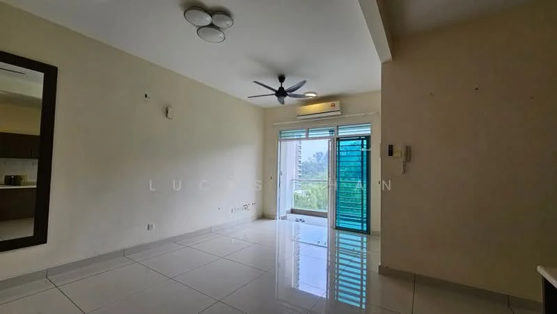 Living features: white painted walls, glossy ceramic tile flooring, 5-blade ceiling fan with light, sliding glass door, floor-to-ceiling windows, balcony view, recessed lighting, mirror on wall; style: modern; view: city.