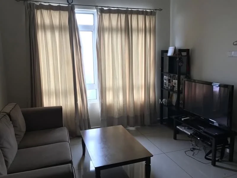 Living features: 3-seater fabric sofa in beige, wooden coffee table, floor-to-ceiling windows, sheer curtains, TV console, wall-mounted TV, decorative shelving unit, ceramic tile flooring, light-colored painted walls; style: modern; view: city.