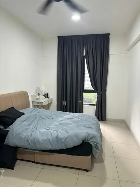 Bedroom features: king-size bed with beige upholstered headboard, light grey bedding, black throw pillows, floor-to-ceiling window, grey curtains, white painted walls, tile flooring, ceiling fan with light, dressing table with mirror, decorative items on dressing table; style: modern; view: garden.