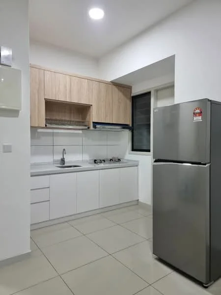 Kitchen features: white cabinetry, wooden upper cabinets, stainless-steel fridge, single-bowl stainless-steel sink, chrome pull-down faucet, gas stove with two burners, white tiled backsplash, grey tile flooring, window with black frame, recessed ceiling lights; style: modern.