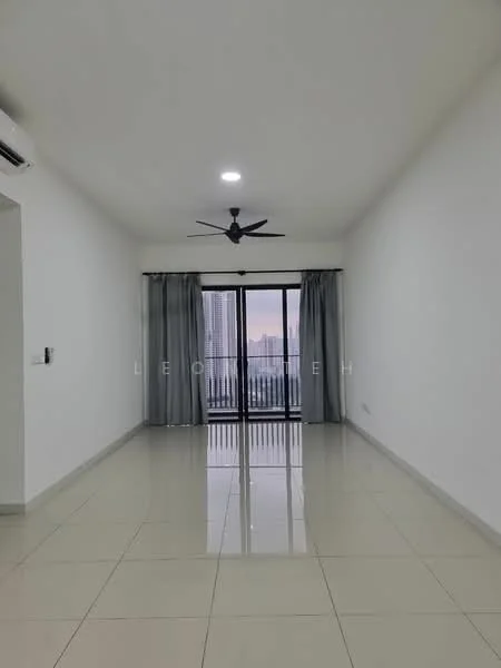 Living features: white painted walls, glossy ceramic tile flooring, 5-blade ceiling fan with light, floor-to-ceiling sliding glass door, sheer curtains, balcony view, recessed downlights; style: modern; view: city.