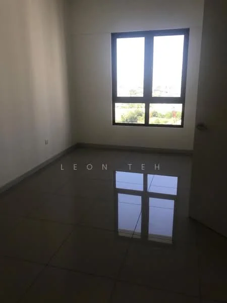 Room features: white painted walls, grey tiled flooring, large window, city view, natural light, minimalist design; style: modern; view: city.