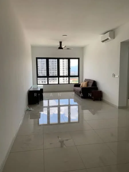 Living features: white painted walls, glossy tile flooring, 5-blade ceiling fan, floor-to-ceiling windows, brown fabric sofa, coffee table, air conditioning unit, city view; style: modern; view: sea.