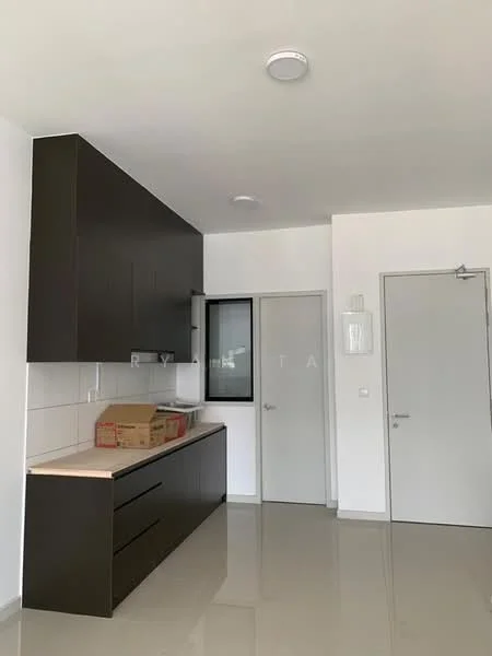 Kitchen features: dark wood cabinetry, white countertop, ceramic tile flooring, white tiled backsplash, single-bowl stainless-steel sink, chrome faucet, built-in cabinet, door to utility area, recessed ceiling lights; style: modern.