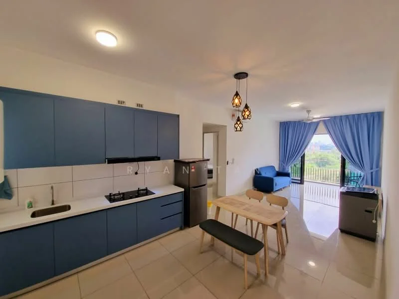 Kitchen features: blue cabinetry, white tiled backsplash, stainless-steel sink, chrome pull-down faucet, 4-burner gas hob, built-in oven, refrigerator, pendant lighting, tile flooring, open-plan layout; style: modern; view: city. Dining features: 4-seater dining table, wooden dining chairs, bench seating, pendant light fixture; style: modern; view: city. Living features: sofa, curtains, ceiling fan, sliding glass door, access to balcony; style: modern; view: city.