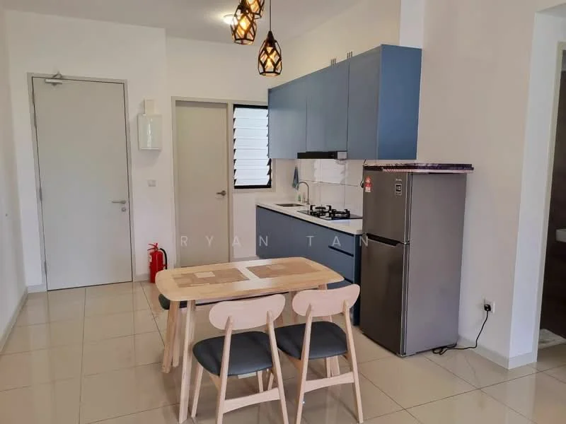Kitchen features: blue cabinetry, white countertop, gas stove, stainless-steel fridge, single-bowl stainless-steel sink, chrome pull-down faucet, pendant lighting, dining table with wooden top, 4 wooden chairs, white tiled flooring, wall-mounted cabinets, window with horizontal slats; style: modern.