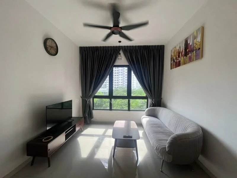 Living features: 3-seater fabric sofa in light grey, coffee table, wall-mounted TV, TV console with storage, floor-to-ceiling windows, dark grey curtains, ceiling fan with 5 blades, wall clock, decorative artwork on wall, glossy tile flooring, natural light from windows, green view from windows; style: modern; view: garden.