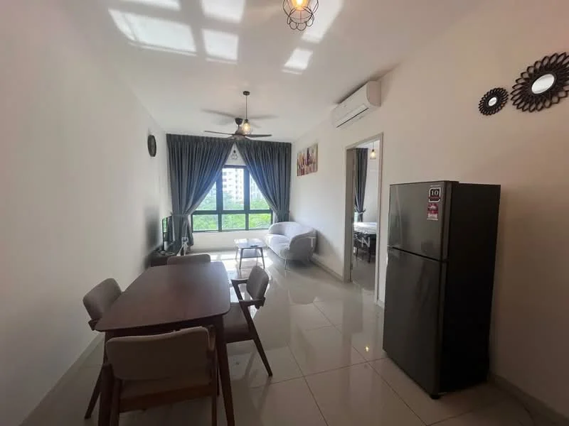 Living features: white painted walls, glossy tile flooring, 5-blade ceiling fan with light, floor-to-ceiling windows, grey curtains, wall-mounted TV, dining table with 4 chairs, refrigerator, sofa, decorative wall mirrors; style: modern; view: city.