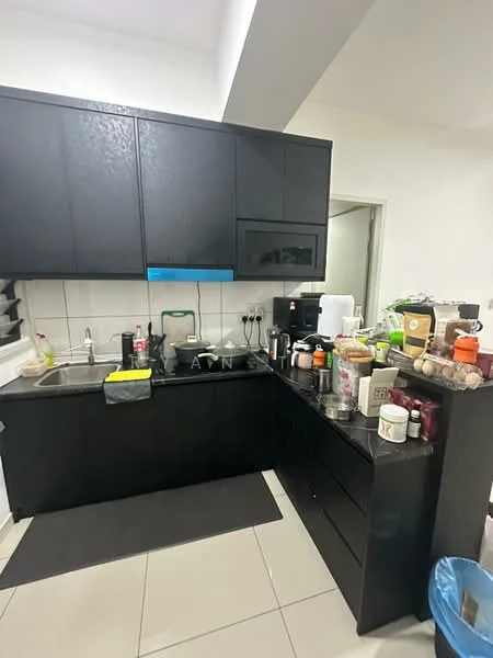 Kitchen features: black cabinetry, stainless-steel sink, chrome pull-down faucet, built-in microwave, ceramic tile backsplash, countertop with storage, kitchen appliances visible, tile flooring, recessed lighting; style: modern.