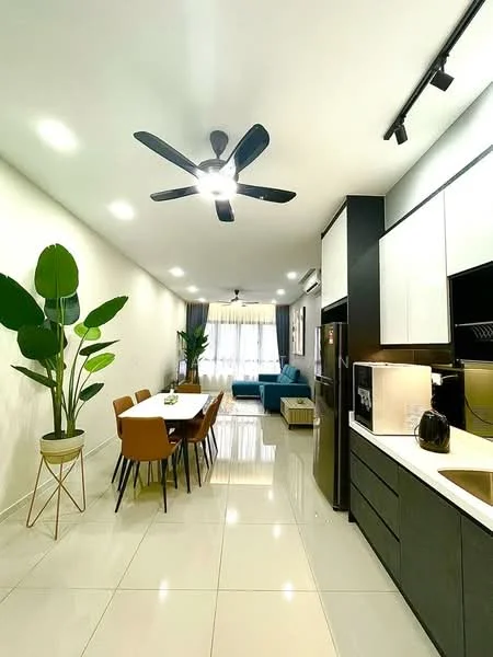 Kitchen features: black cabinetry, white upper cabinets, stainless-steel sink, chrome pull-down faucet, quartz countertop, built-in oven, stainless-steel fridge, recessed LED downlights, 5-blade ceiling fan with light, white tiled flooring, dining table with 6 upholstered chairs, indoor plant in pot, sofa in living area visible, curtains on windows; style: modern.