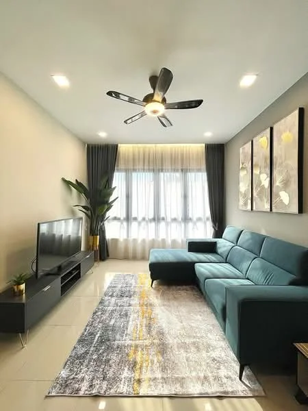 Living features: 3-seater fabric sofa in teal, L-shape sectional sofa, coffee table, wall-mounted TV, TV console, area rug with abstract pattern, 5-blade ceiling fan with light, floor-to-ceiling windows, sheer curtains, decorative wall art, potted plant, recessed downlights, cream painted walls, glossy tile flooring; style: modern.