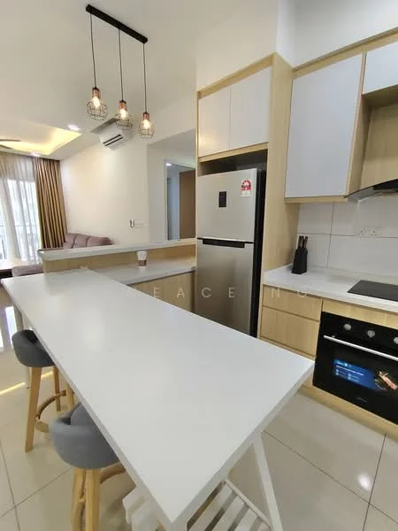 Kitchen features: white countertop, stainless-steel fridge, built-in oven, ceramic tile flooring, white cabinetry, pendant lighting, bar stools, open layout, kitchen island; style: modern.