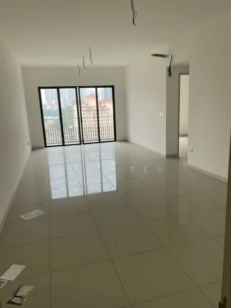 Living features: white painted walls, glossy ceramic tile flooring, floor-to-ceiling windows, sliding glass door, unfurnished, no visible ceiling light fixtures, neutral color scheme, open layout; style: modern; view: city.