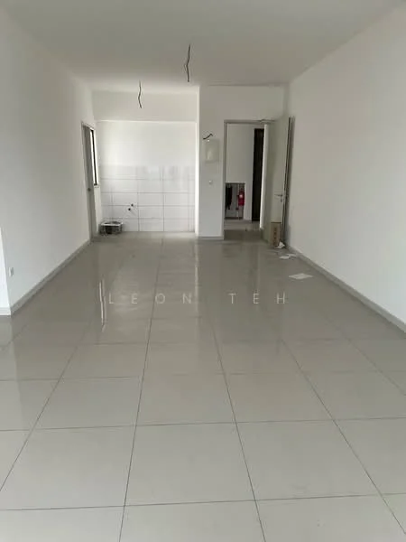 Room features: white painted walls, glossy ceramic tile flooring, recessed ceiling lights, open layout, large windows, doorway leading to another room, kitchen area with tiled backsplash, unfurnished space; style: modern.