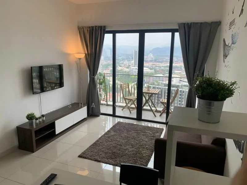 Living features: floor-to-ceiling windows, sliding glass door, grey curtains, light grey walls, white TV console, wall-mounted TV, brown fabric sofa, area rug with geometric pattern, coffee table, decorative plant in metallic pot, lampshade floor lamp, small dining table with two chairs; style: modern; view: city.