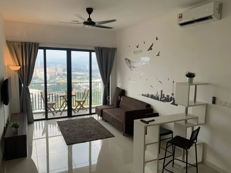 Living features: floor-to-ceiling windows, sliding glass door, grey accent wall with artwork, cream painted walls, marble tile flooring, 5-blade ceiling fan with light, sofa in brown, coffee table, TV console, wall-mounted TV, decorative plants, black dining chairs, small dining table for two, curtains in grey; style: modern; view: city.