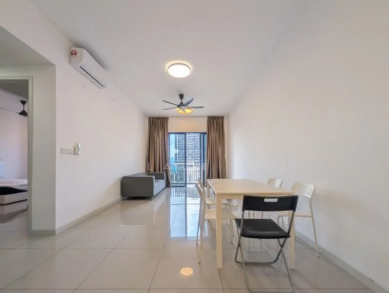 Living features: white painted walls, glossy tile flooring, 5-blade ceiling fan with light, recessed downlights, sofa in grey fabric, dining table with 4 white chairs, floor-to-ceiling windows, curtains in beige, balcony view, air conditioning unit; style: modern; view: city.