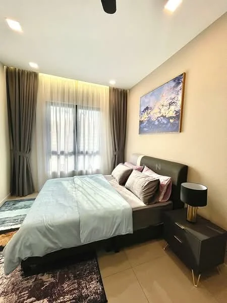 Bedroom features: king-size bed with grey upholstered headboard, bedding in light blue and grey, two bedside tables with lamps, floor-to-ceiling windows with sheer curtains, dark wood flooring, decorative artwork on the wall, area rug with geometric pattern, recessed ceiling lights, ceiling fan; style: modern.