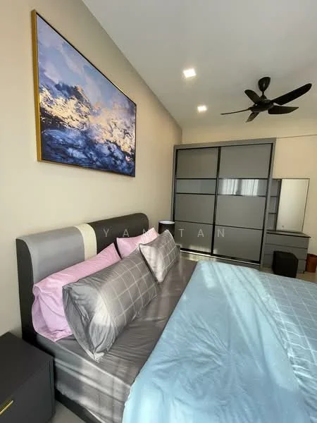 Bedroom features: king-size bed with grey upholstered headboard, grey bedding with decorative pillows, light blue throw blanket, 2 bedside tables with drawers, black ceiling fan with 3 blades, built-in wardrobe with sliding glass doors, full-length mirror, wall-mounted artwork with abstract design, recessed ceiling lights; style: modern.