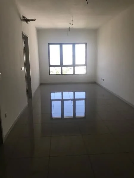 Room features: white painted walls, glossy ceramic tile flooring, floor-to-ceiling windows, natural light from windows, no visible ceiling fixtures, minimalist design, neutral color palette, unfurnished space; style: modern; view: city.