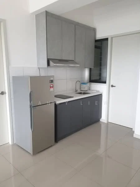 Kitchen features: grey cabinetry, white tiled backsplash, stainless-steel sink, chrome pull-down faucet, built-in stove with hood, stainless-steel fridge, white countertop, ceramic tile flooring, wall-mounted cabinet, open shelving, window for natural light; style: modern.