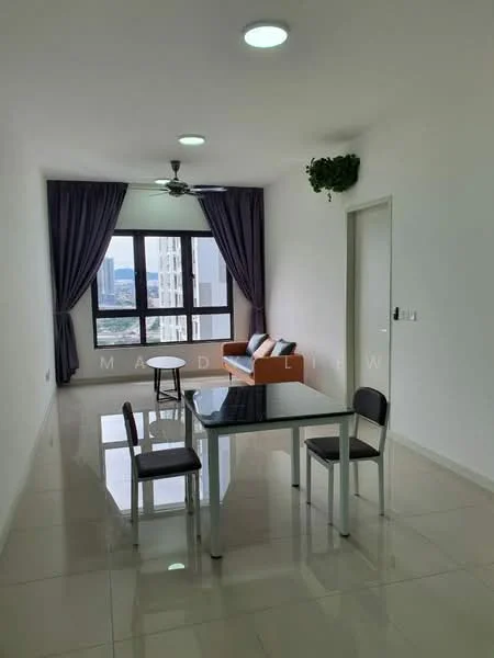 Living features: floor-to-ceiling windows, grey curtains, 3-blade ceiling fan, white walls, glossy tile flooring, orange fabric sofa, glass dining table, 4 dining chairs, indoor plant, wall-mounted decor, neutral color palette; style: modern; view: city.