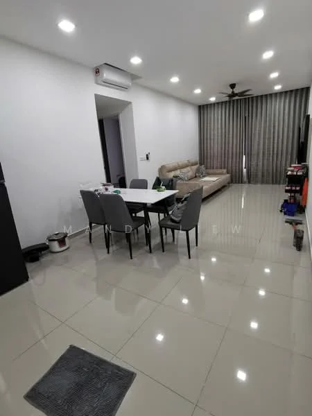 Living features: white painted walls, glossy ceramic tile flooring, recessed LED downlights, 5-blade ceiling fan, sofa in beige fabric, dining table with 6 grey upholstered chairs, floor-to-ceiling windows with sheer curtains, wall-mounted air conditioning unit, decorative area rug, sliding glass door to balcony; style: modern.