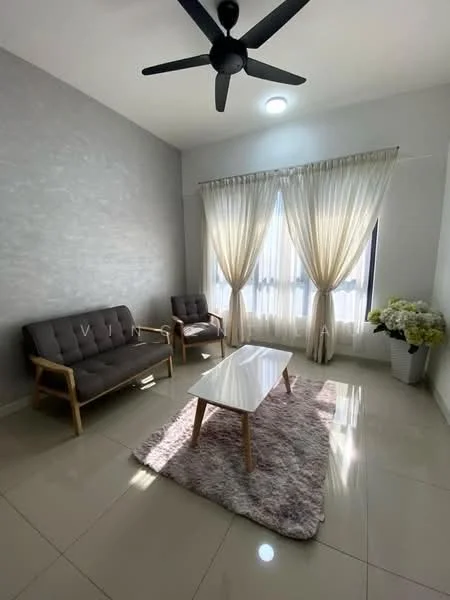 Living features: grey accent wall, white painted walls, glossy tile flooring, 5-blade ceiling fan with light, two-seater fabric sofa in grey, two armchairs in beige, white coffee table, area rug with fluffy texture, floor-to-ceiling windows with sheer curtains, decorative plant in ceramic pot; style: modern.
