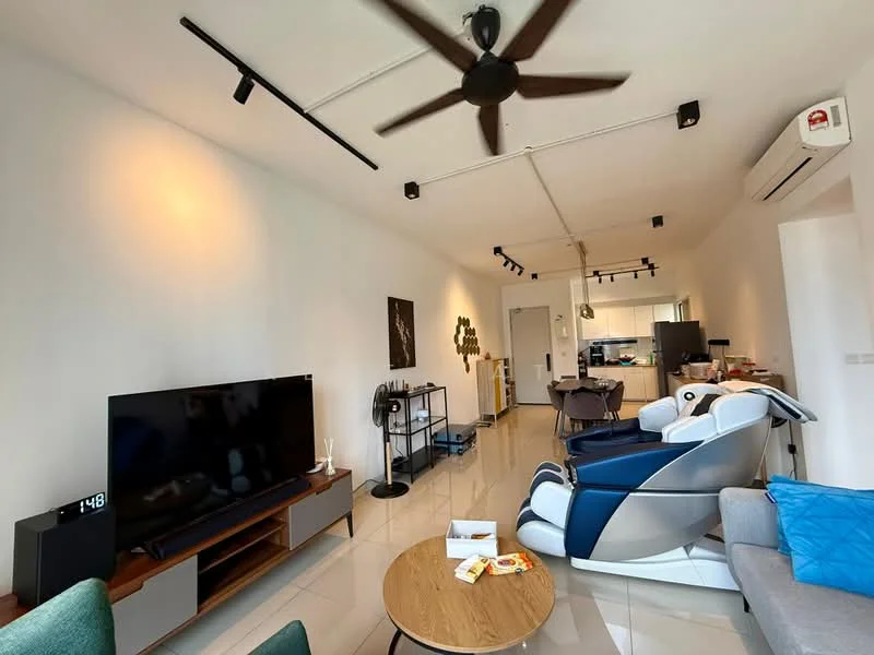 Living features: 3-seater fabric sofa in grey, recliner chair in blue and white, round wooden coffee table, wall-mounted TV, TV console with storage, ceiling fan with 5 blades, recessed LED downlights, large windows with natural light, air conditioning unit, decorative wall art, tile flooring, open-plan layout to kitchen; style: modern.