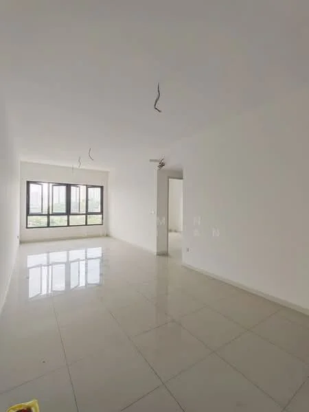 Room features: white painted walls, glossy ceramic tile flooring, floor-to-ceiling windows, unpainted ceiling with hanging wires, natural light from windows, view of greenery outside; style: modern; view: garden.