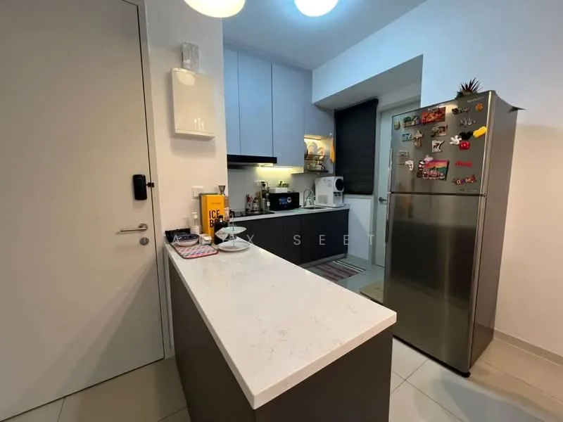 Kitchen features: white marble countertop, grey cabinetry, stainless-steel fridge, built-in oven, microwave, kettle, toaster, single-bowl stainless-steel sink, chrome pull-down faucet, tile backsplash, recessed downlights, window with roller blinds, open shelving, decorative magnets on fridge; style: modern.