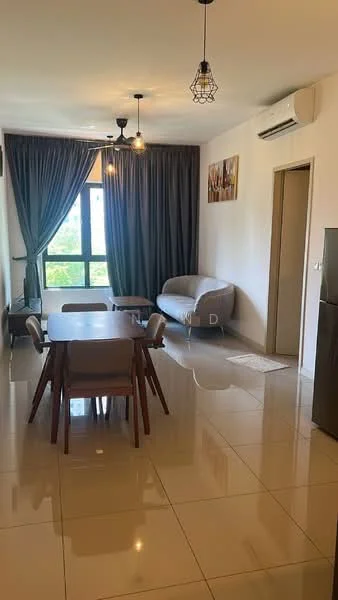 Dining features: dining table with 6 chairs, grey fabric sofa, floor-to-ceiling windows, curtains in dark grey, recessed downlights, wall-mounted split AC, polished ceramic tile flooring, framed artwork on wall; style: modern; view: city.