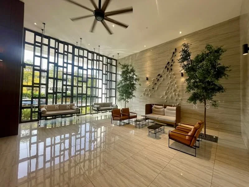 Living features: large floor-to-ceiling windows, wooden slatted feature wall, cream marble flooring, modern ceiling fan, upholstered armchairs in brown, metal-framed coffee table, green indoor plants, wall-mounted sconces, decorative wall art, sofa seating area; style: modern; view: garden.