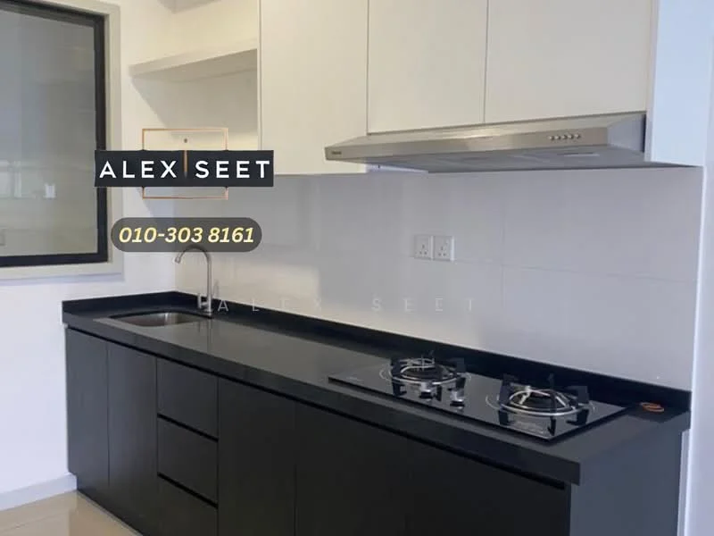 Kitchen features: black granite countertop, white upper cabinets, stainless-steel range hood, built-in gas hob with two burners, single-bowl stainless-steel sink, chrome pull-down faucet, white tiled backsplash, recessed downlights, wall-mounted electrical outlets; style: modern.