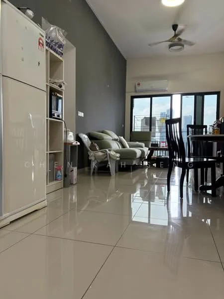 Living features: cream painted walls, glossy tile flooring, 5-blade ceiling fan with light, sofa in light green, dining table with chairs, refrigerator, open shelving unit, floor-to-ceiling windows, curtains; style: modern; view: city.