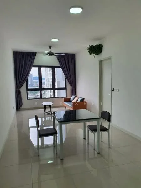Dining features: glass dining table, 4 dining chairs, floor-to-ceiling windows, grey curtains, white painted walls, recessed downlights, light-colored tiled flooring, ceiling fan; style: modern; view: city. Living features: orange fabric sofa, decorative wall plant, white painted walls, floor-to-ceiling windows, grey curtains, recessed downlights, light-colored tiled flooring; style: modern; view: city.